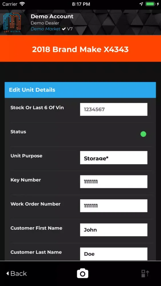 Tangkapan skrin Lot Metrix RV