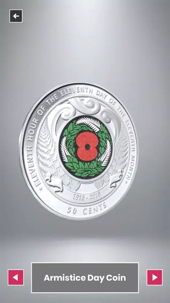 Zrzuty ekranu RBNZ Armistice Day Coin