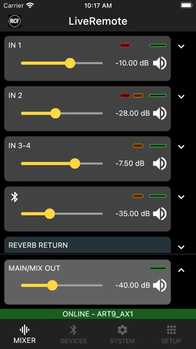 Capturas de tela do RCF LiveRemote