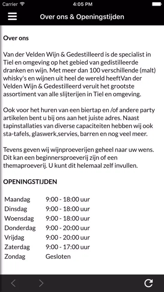 Capturas de tela do Van der Velden Wijn & Gedestilleerd