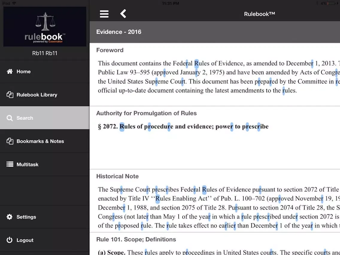 Tangkapan layar Rulebook™ iPad 
