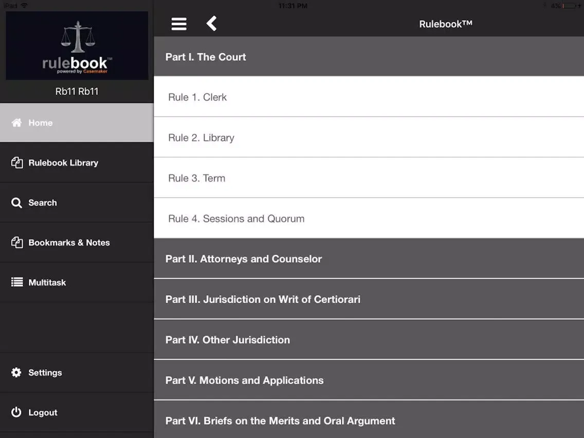 Tangkapan layar Rulebook™ iPad 