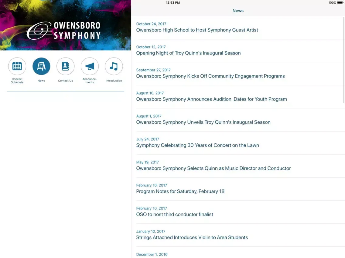 Tangkapan skrin Owensboro Symphony Orchestra iPad 