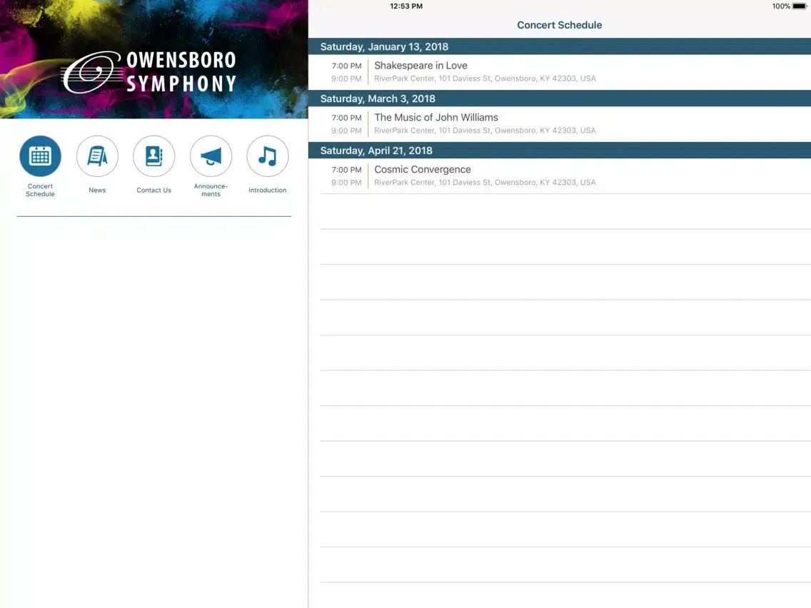 Tangkapan skrin Owensboro Symphony Orchestra iPad 