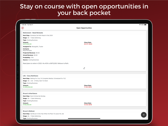 Tangkapan layar Redtail CRM iPad 