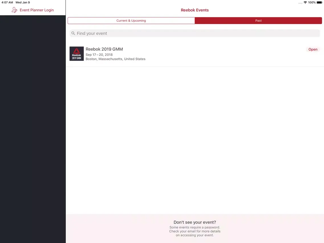 Tangkapan skrin Reebok Events iPad 