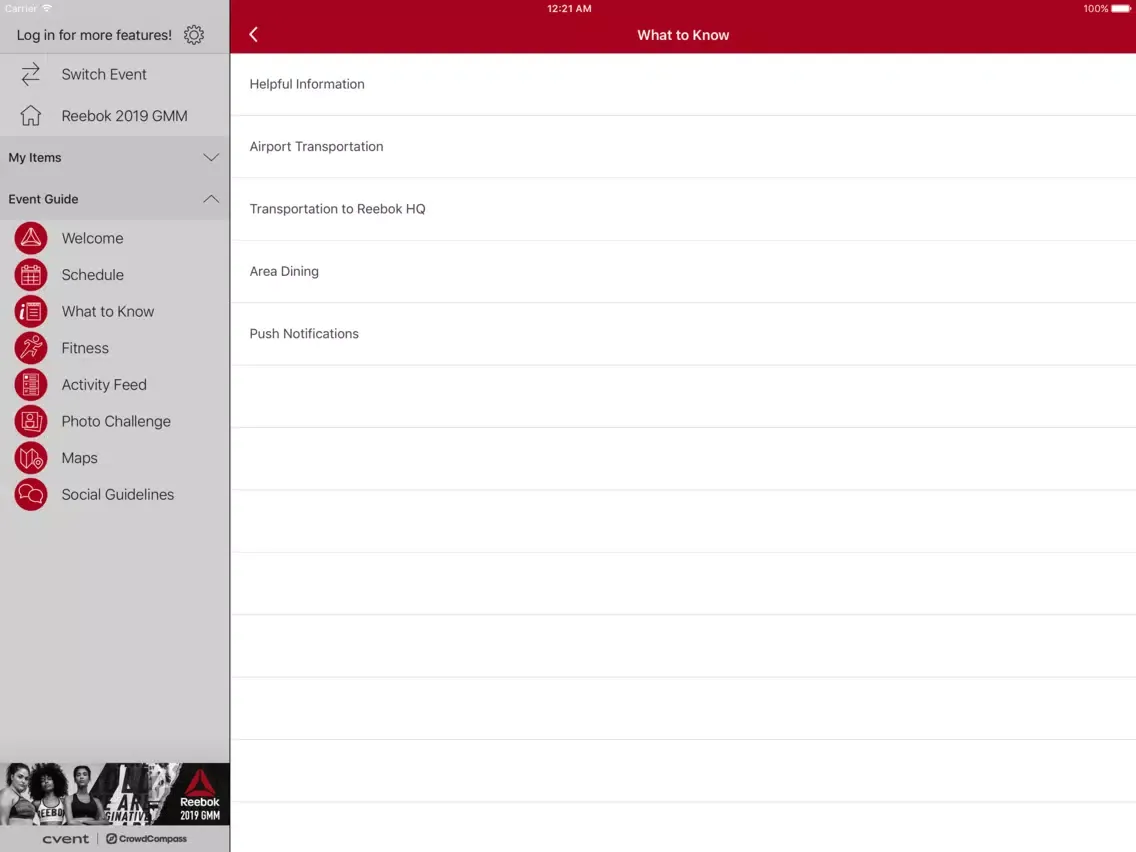 Tangkapan skrin Reebok Events iPad 