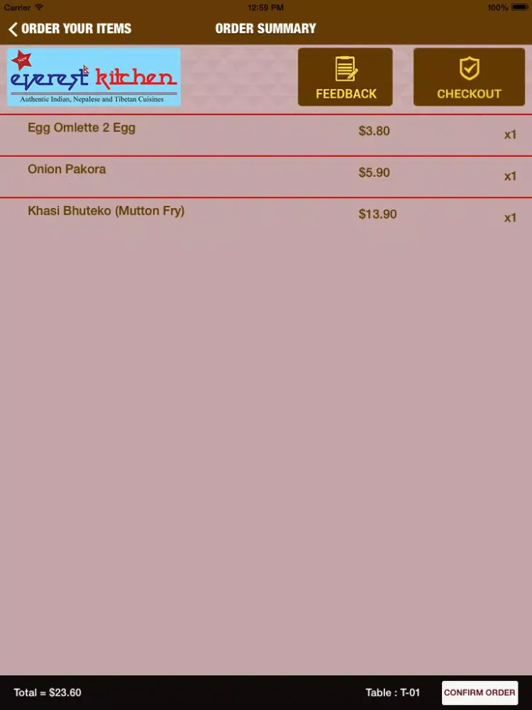 Tangkapan layar Everest Kitchen - Customer Order iPad 