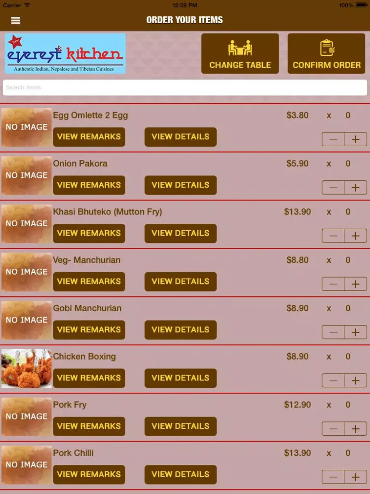 Tangkapan layar Everest Kitchen - Customer Order iPad 