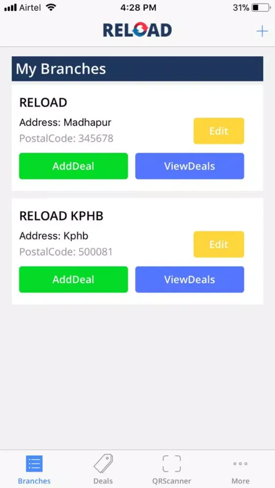Capturas de tela do Reload Merchants