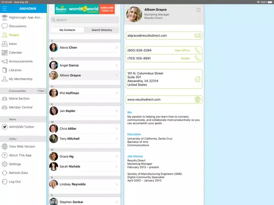 Tangkapan skrin AWHONN Online Community iPad 