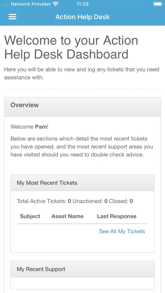 Screenshot di Action Help Desk
