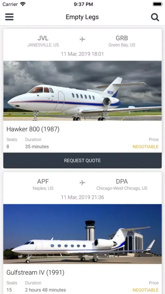 Tangkapan skrin Ascent Jet - Charter Market