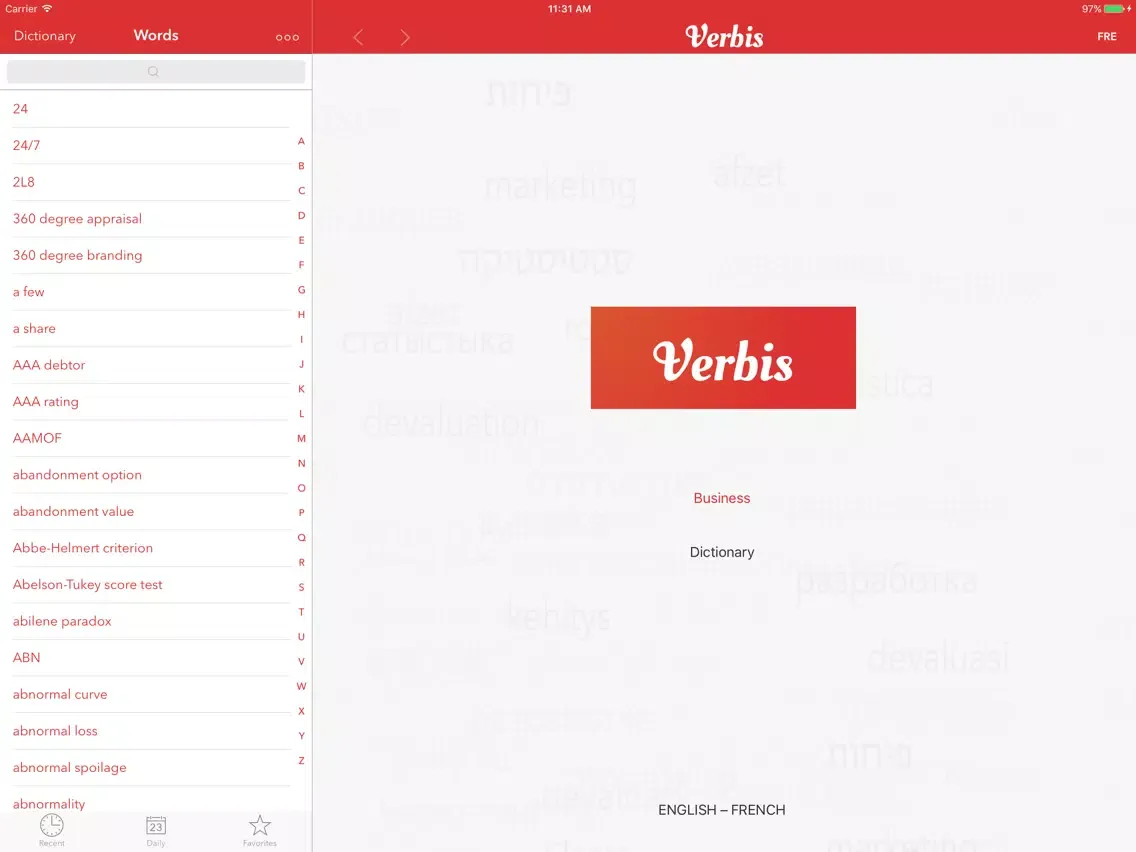 Tangkapan skrin Verbis Business terms EN-FR iPad 