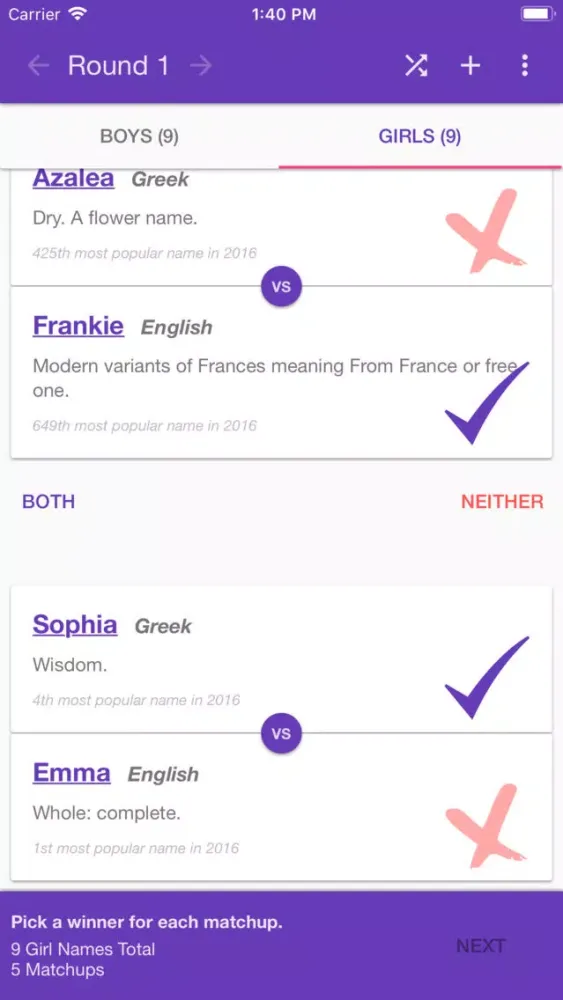 Captures d'écran de Baby Name Playoffs