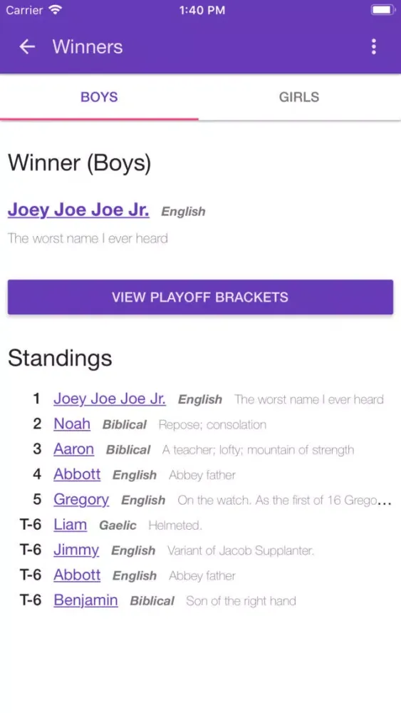 Captures d'écran de Baby Name Playoffs
