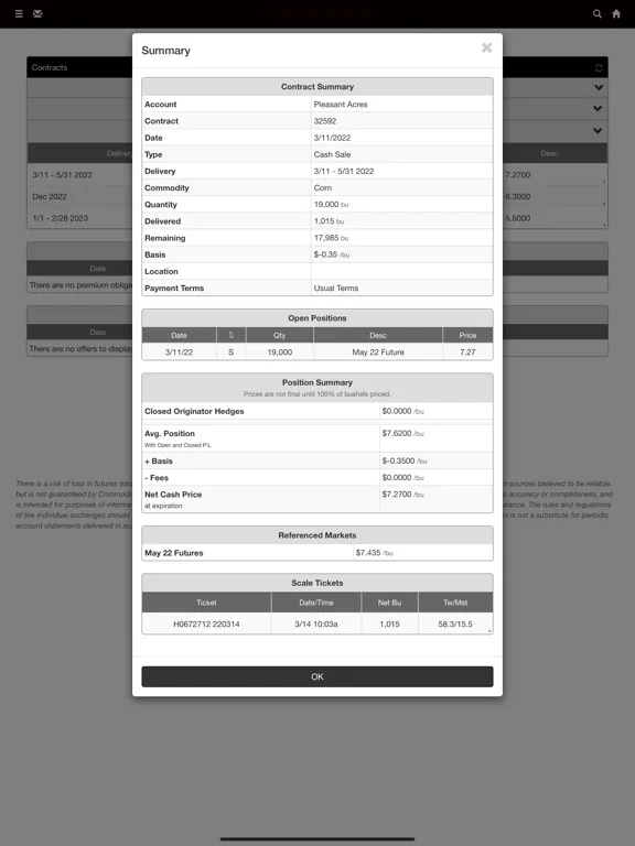 Tangkapan skrin River View Farms Grain Portal iPad 