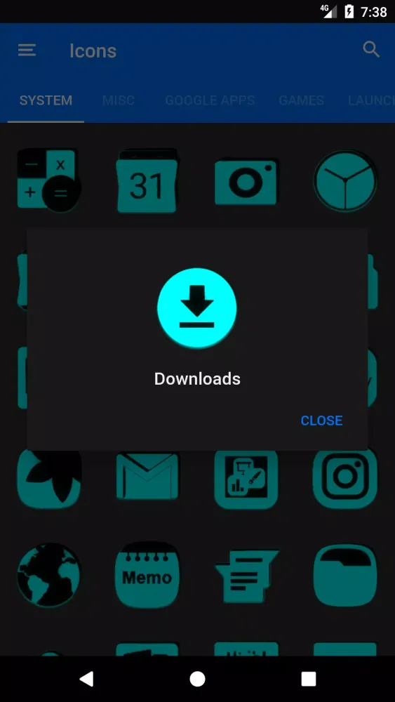 ภาพหน้าจอของ Cyan and Black Icon Pack