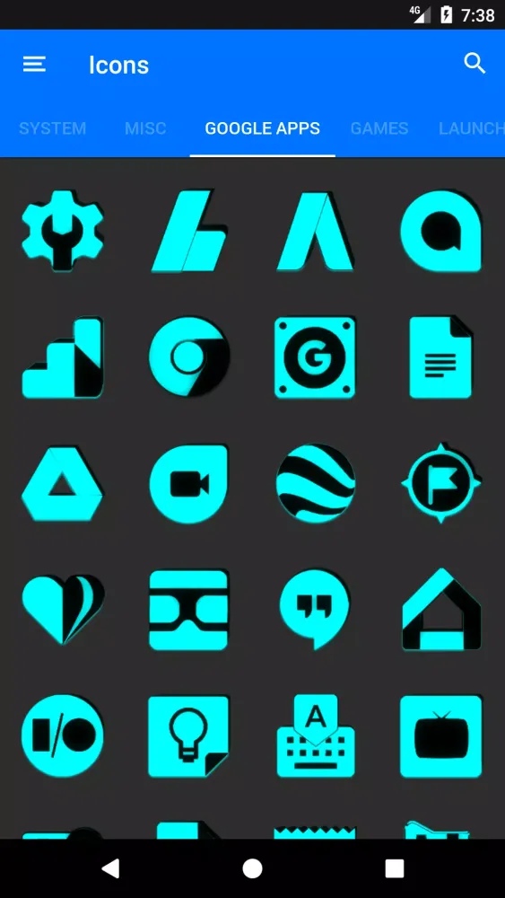 ภาพหน้าจอของ Cyan and Black Icon Pack