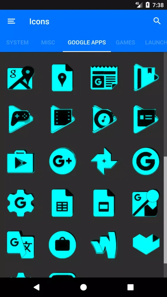 ภาพหน้าจอของ Cyan and Black Icon Pack