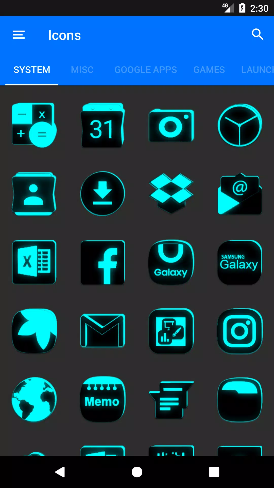 Flat Black and Cyan Icon Pack Screenshots