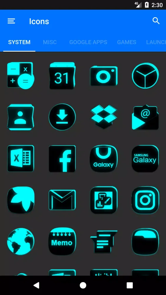 Tangkapan layar Flat Black and Cyan Icon Pack