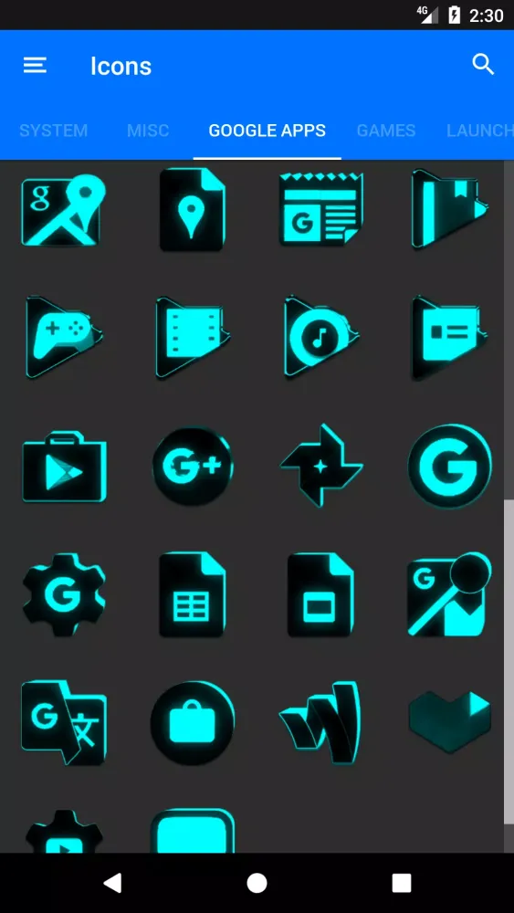Tangkapan layar Flat Black and Cyan Icon Pack