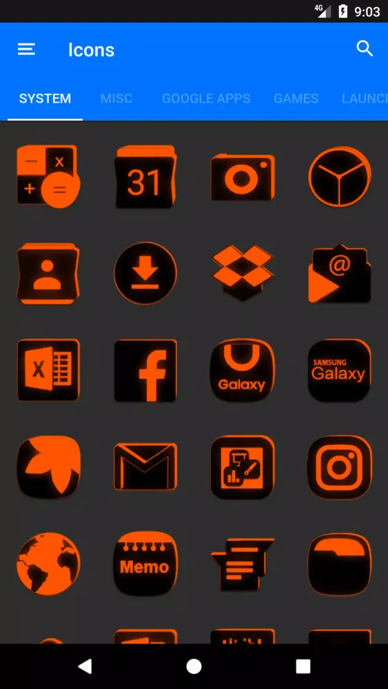 Tangkapan skrin Flat Black and Orange IconPack