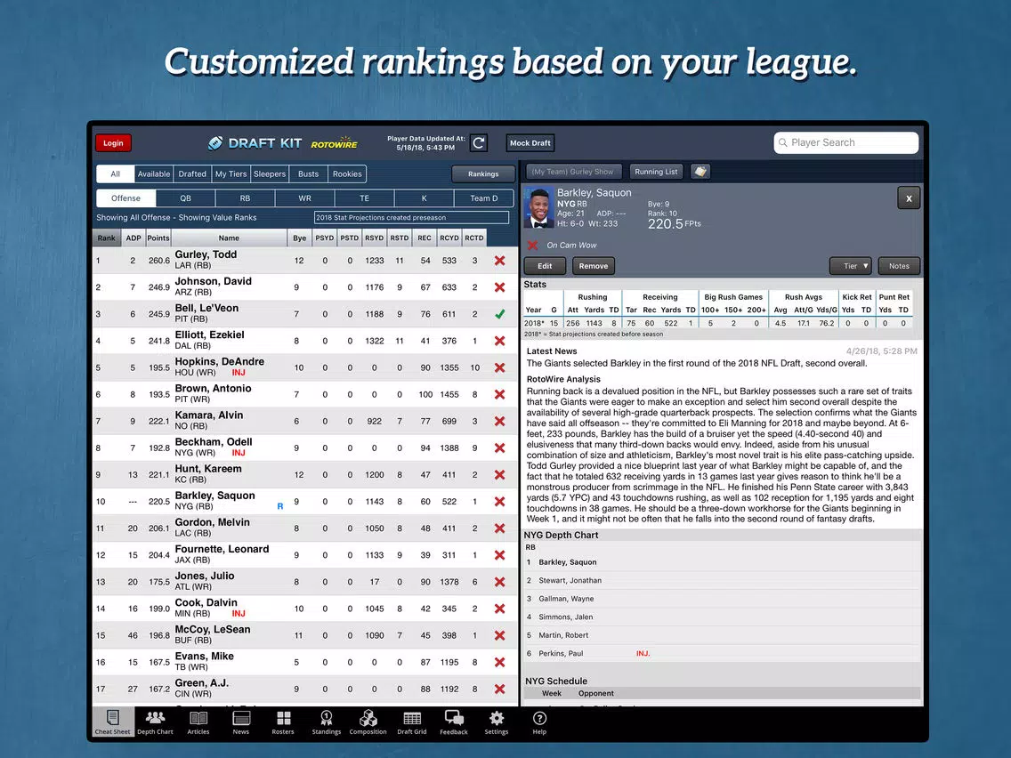 Fantasy Football Draft Kit '18 iPad  Screenshots