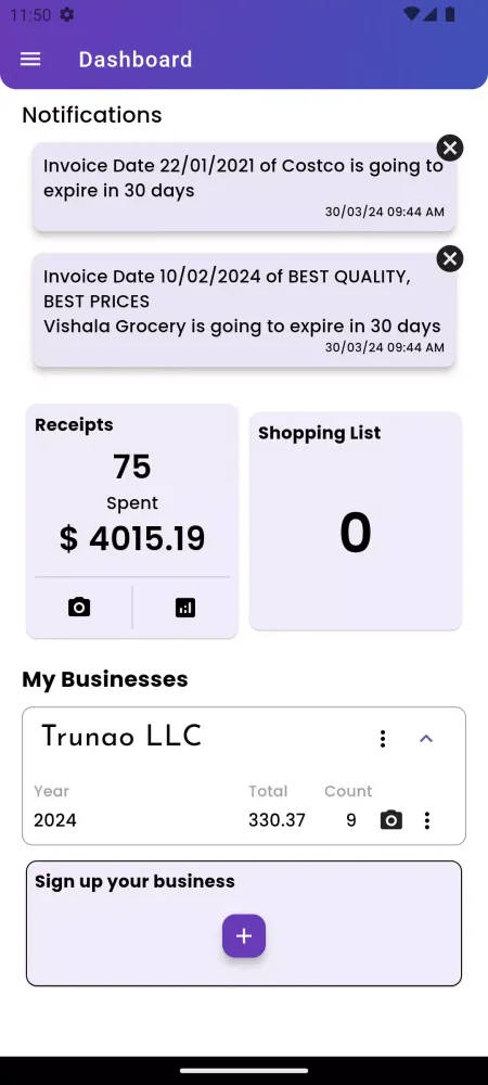 Receipts & Returns Screenshots
