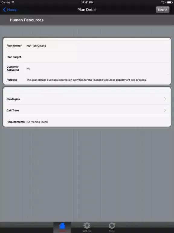 Ảnh chụp màn hình của RSA Archer Business Continuity & Disaster Recovery iPad 