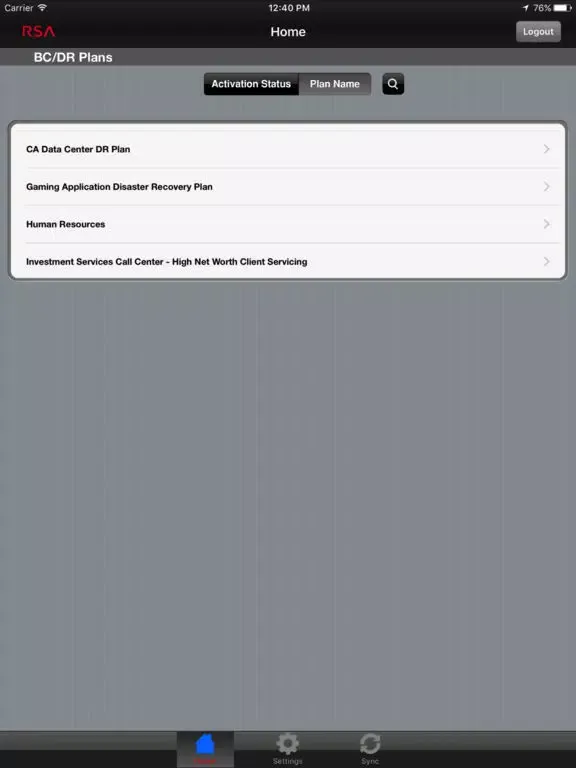 Ảnh chụp màn hình của RSA Archer Business Continuity & Disaster Recovery iPad 