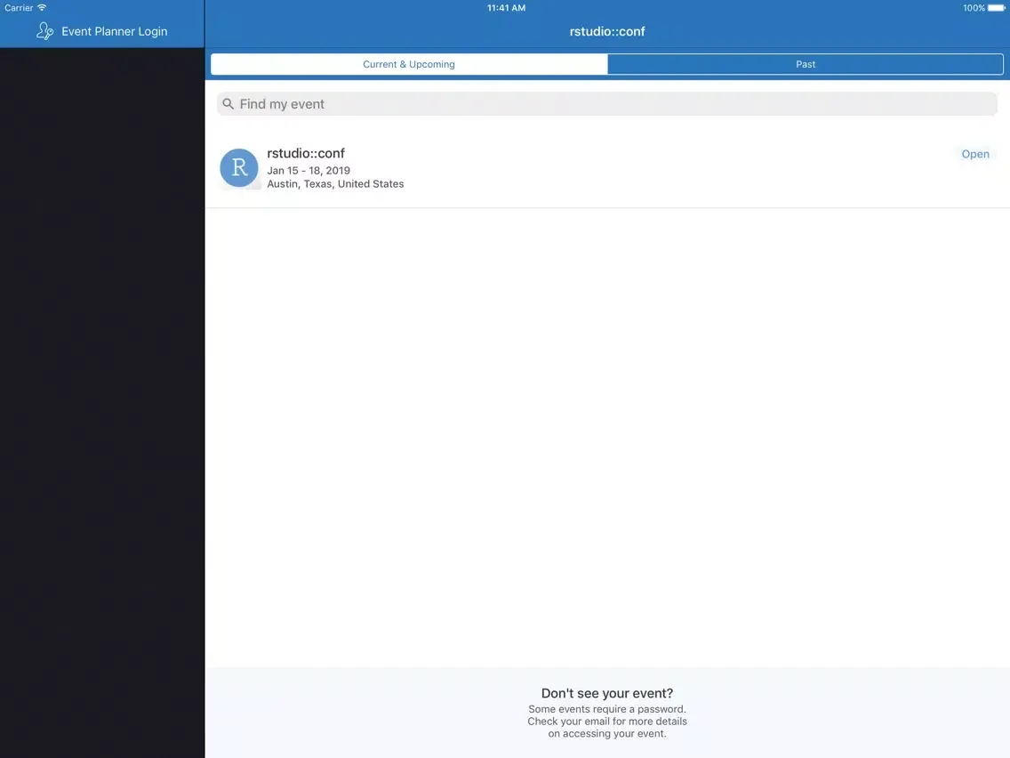 Zrzuty ekranu rstudio::conf 2020 iPad 