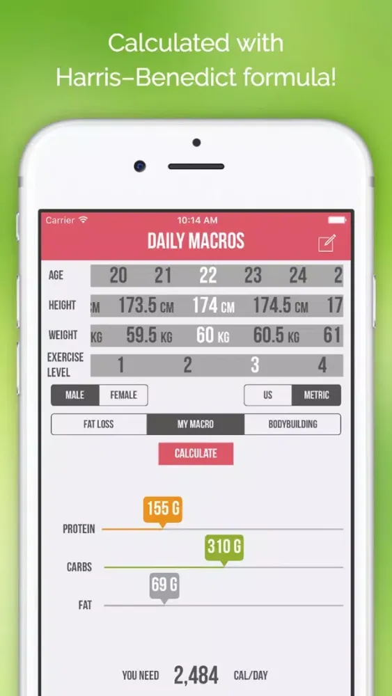 Captures d'écran de Daily Macros - Harris Benedict Formula Based Carb, Protein, Fat Macronutrient ratios and Calorie Calculator