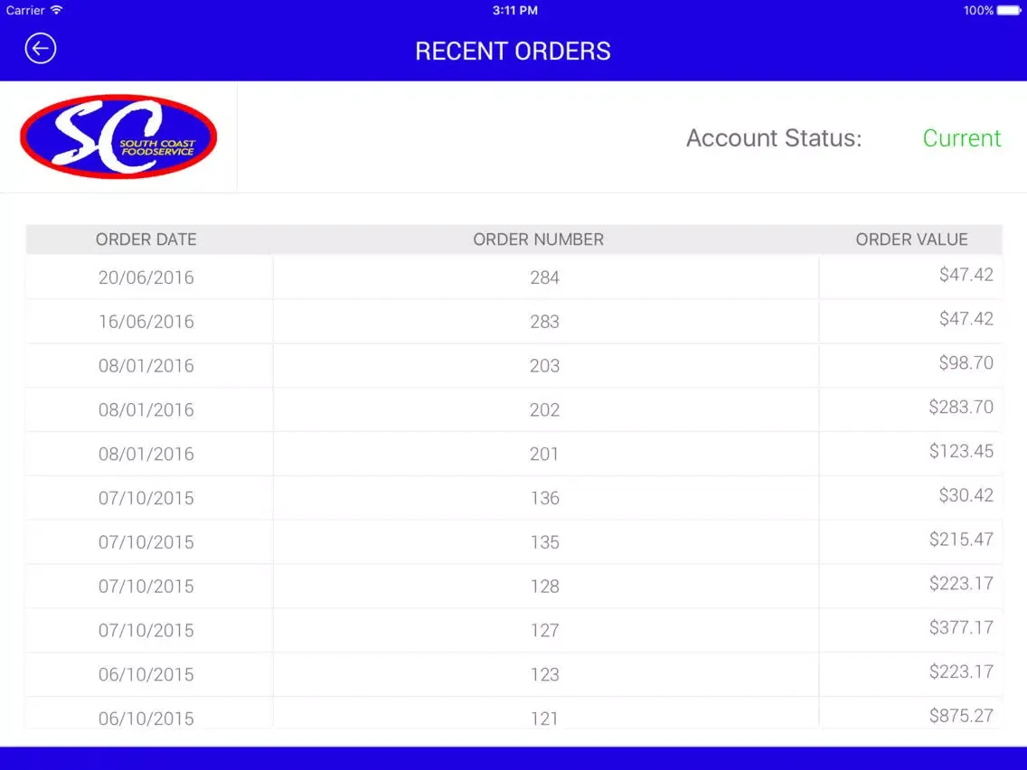 Tangkapan skrin SOUTH COAST FOOD SERVICE iPad 