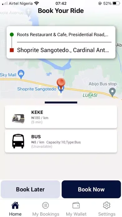 ภาพหน้าจอของ SafeRide Mobile App