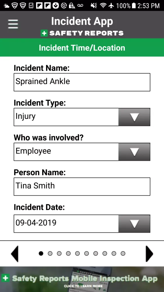 Captures d'écran de Safety Incident Reports | SR