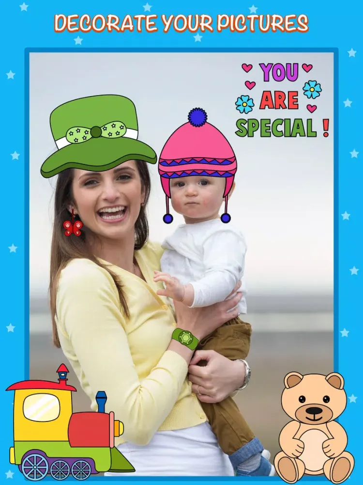 iStickOn Baby Love Sticker Edition camera photobooth dress up fun retouch for kids and mom iPad 应用截图