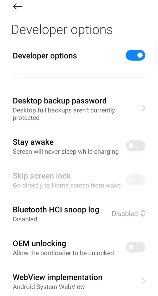 Developer Options Screenshots
