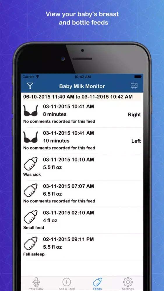 Captures d'écran de Baby Milk Monitor - Record, track and plan your baby's breast and bottle feeds.
