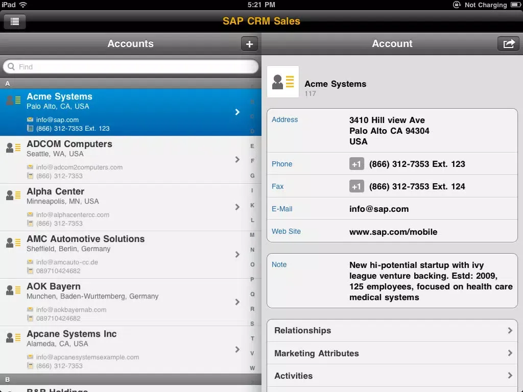 ภาพหน้าจอของ SAP CRM Sales V2.1 iPad 