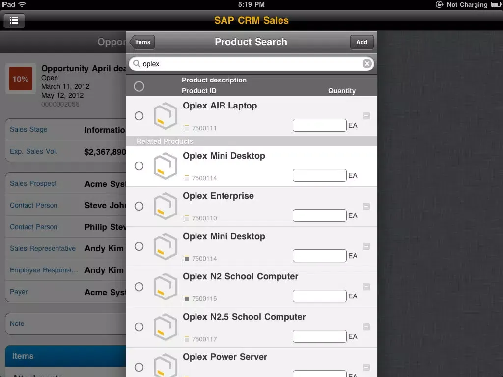 ภาพหน้าจอของ SAP CRM Sales V2.1 iPad 