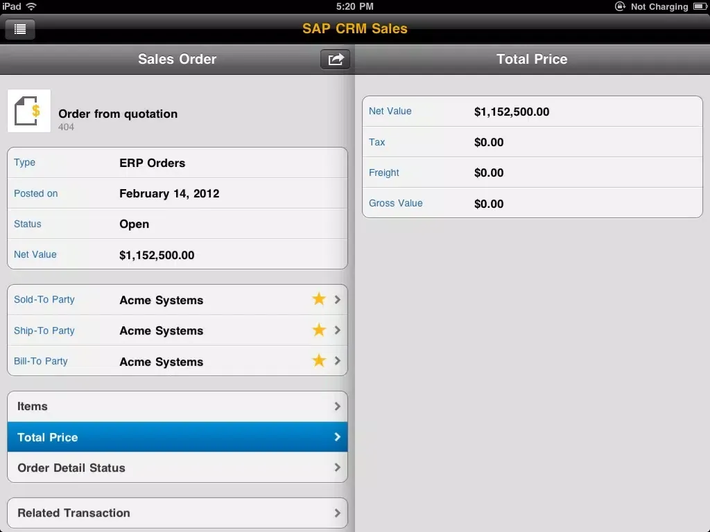 ภาพหน้าจอของ SAP CRM Sales V2.1 iPad 