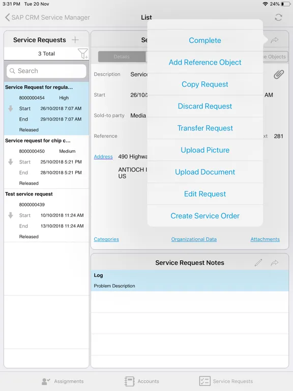 ภาพหน้าจอของ SAP CRM Service Manager iPad 