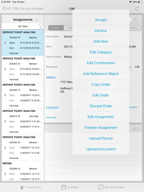ภาพหน้าจอของ SAP CRM Service Manager iPad 
