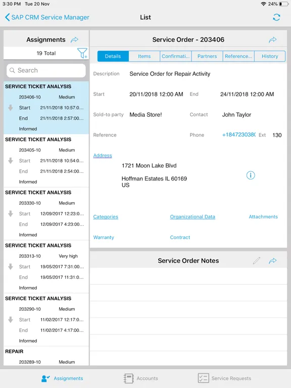 ภาพหน้าจอของ SAP CRM Service Manager iPad 