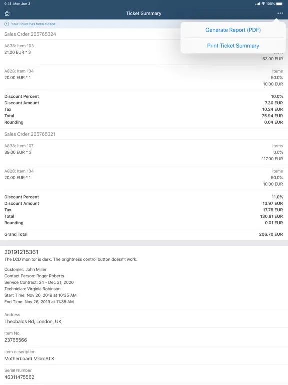 ภาพหน้าจอของ SAP Business One Service iPad 