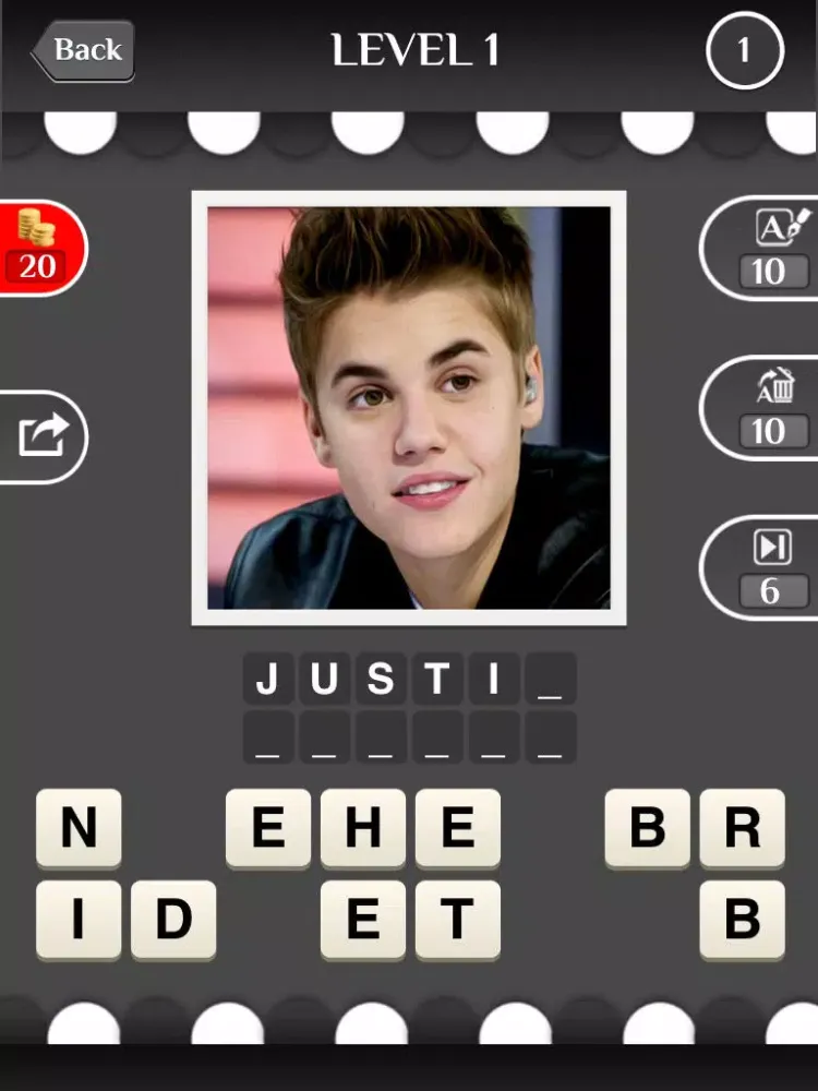 Ảnh chụp màn hình của Celebrity Guess (guessing the celebrities quiz games). Cool new puzzle trivia word game with awesome images of the most popular TV icons and movie stars. Have fun predicting the famous celeb, talented musician, iconic athlete and sports icon. Free iPad 