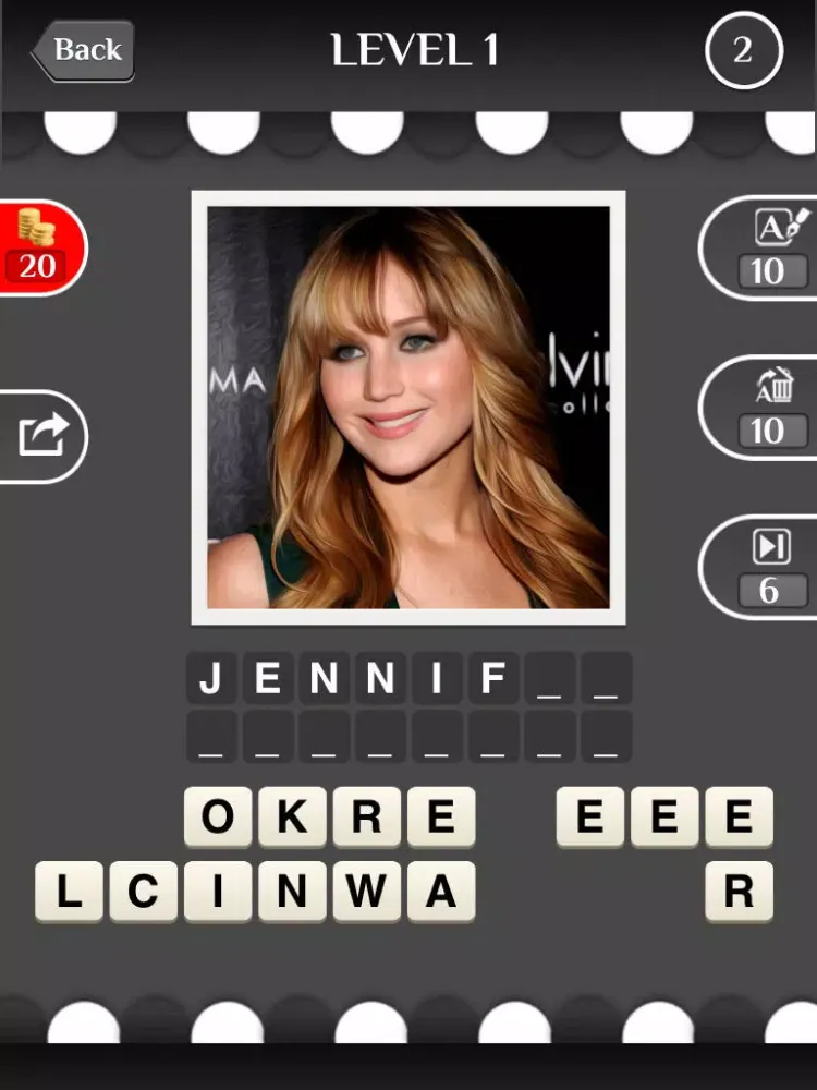 Ảnh chụp màn hình của Celebrity Guess (guessing the celebrities quiz games). Cool new puzzle trivia word game with awesome images of the most popular TV icons and movie stars. Have fun predicting the famous celeb, talented musician, iconic athlete and sports icon. Free iPad 