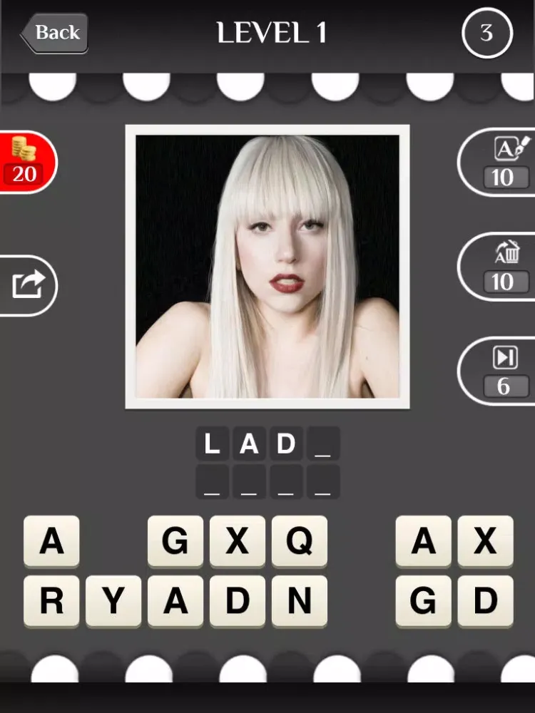 Ảnh chụp màn hình của Celebrity Guess (guessing the celebrities quiz games). Cool new puzzle trivia word game with awesome images of the most popular TV icons and movie stars. Have fun predicting the famous celeb, talented musician, iconic athlete and sports icon. Free iPad 